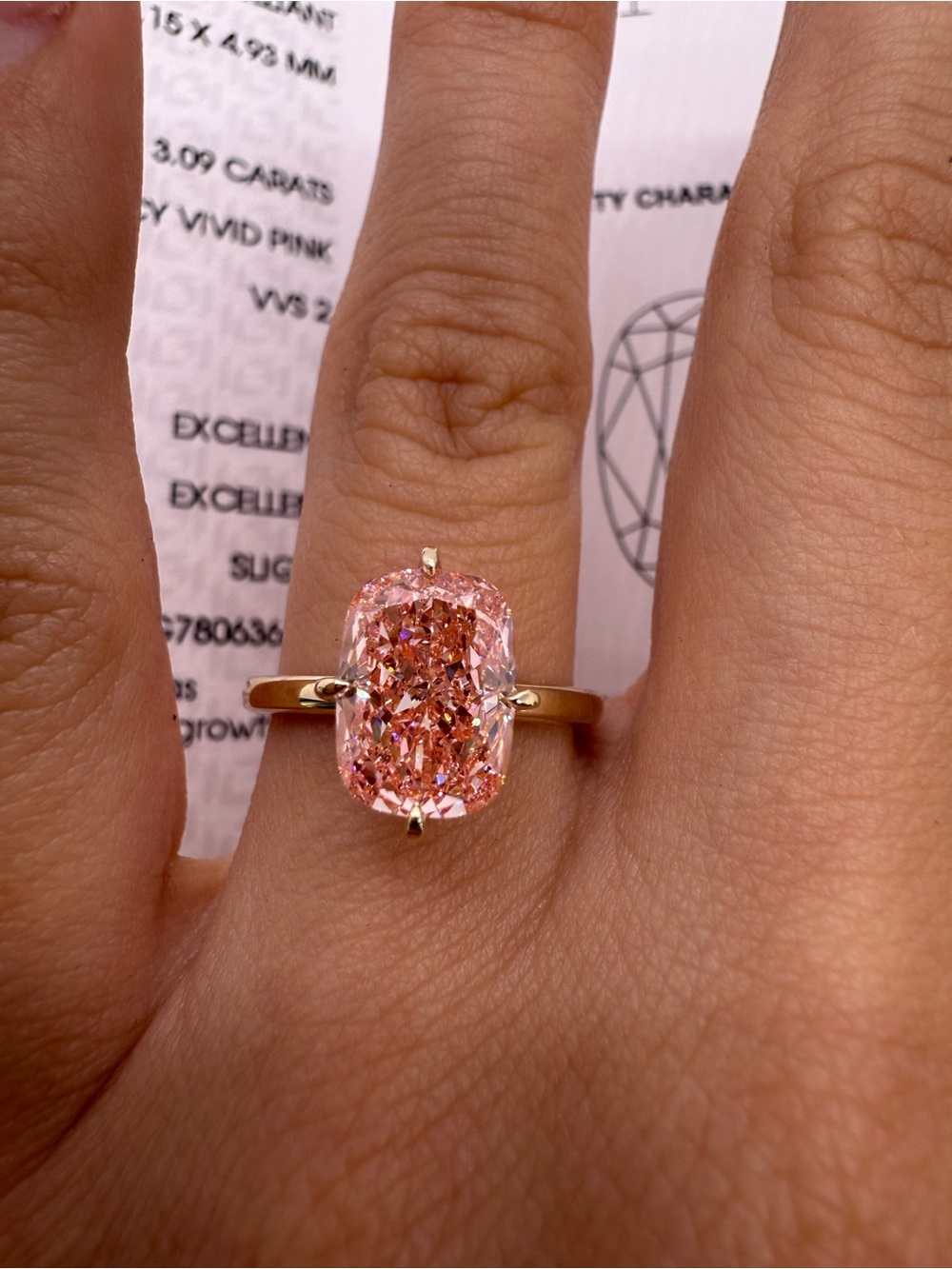 3.09 carat fancy vivid pink VVS2 cushion lab diamond engagement ring solitaire